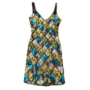 Vintage La Divina New York Sequin Silk Mini Dress Harlequin Diamond Multi Size S
